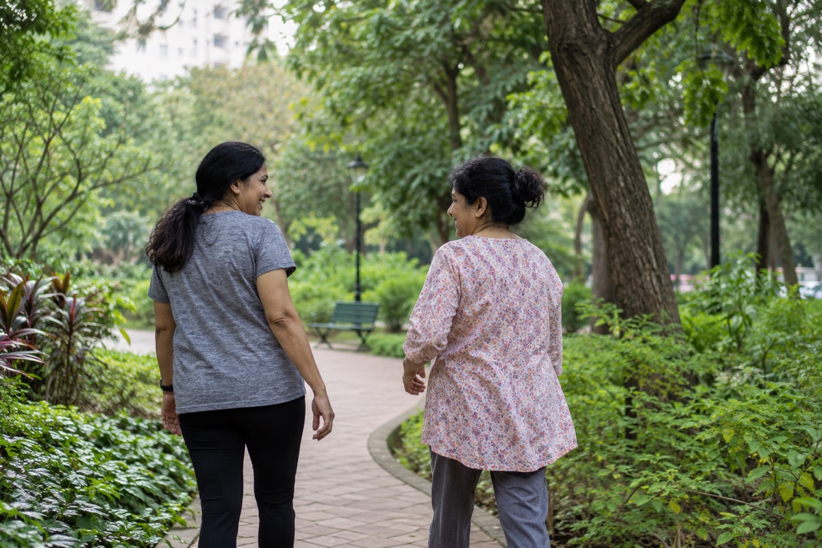 Two adults enjoying a morning walk in a neighborhood park